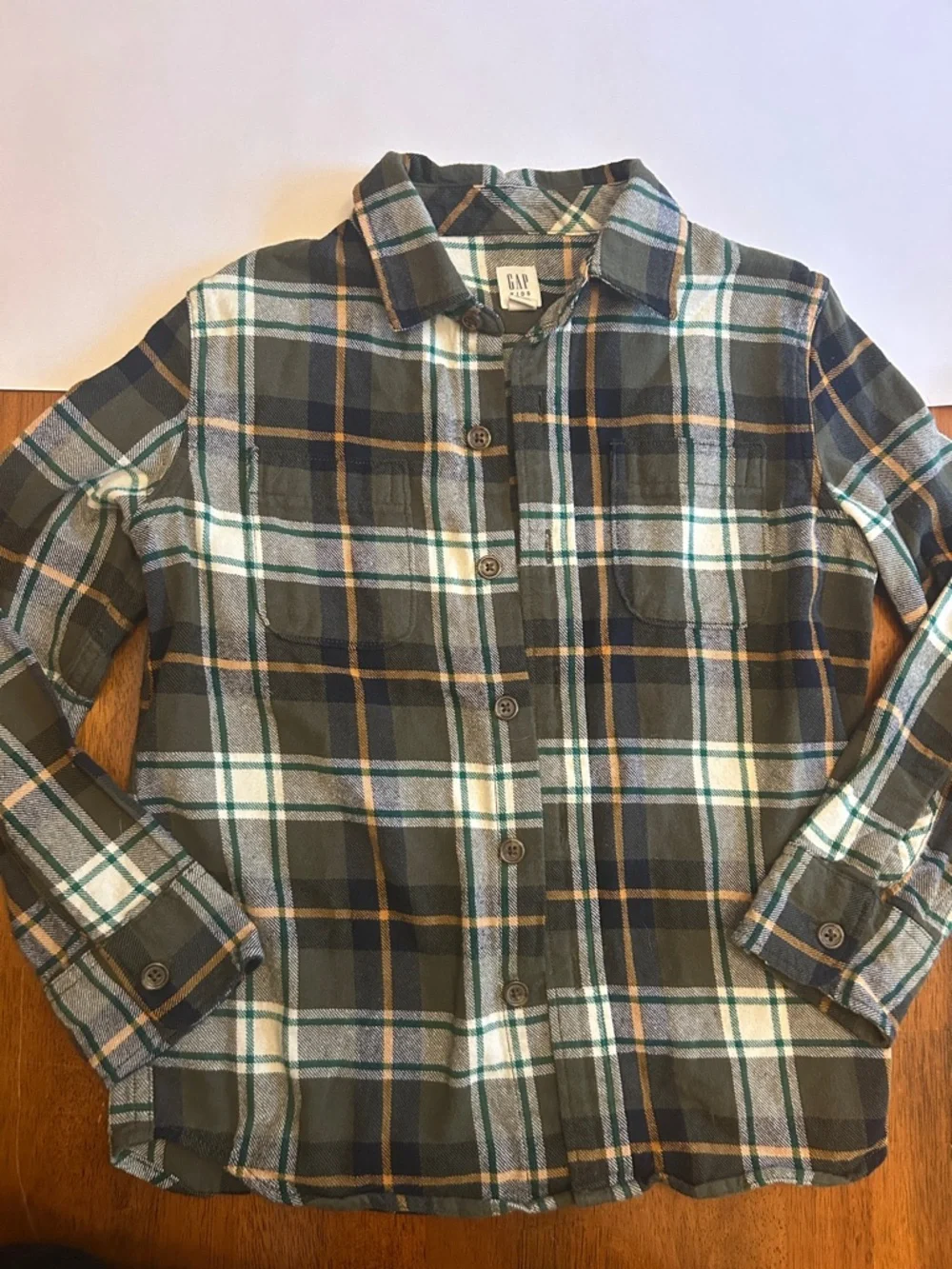 GAP Olive Green, Navy, Mustard-Yellow Plaid Button-Up Flannel Shirt | Boy S(6-7)